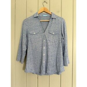 J.McLaughlin Brynn 3/4 Sleeve Top M Medium Henley Blue Linen Blend Collar